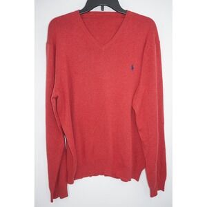 Ralph Lauren Sweater‎ Red V Neck Knit Blue Pony Logo Pullover Cotton Men's 2XL
